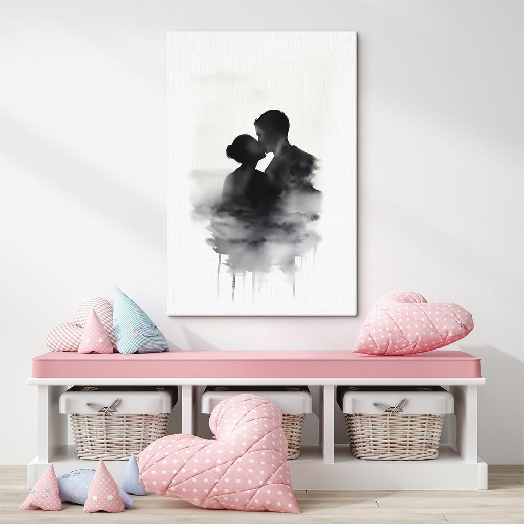 Man and woman kissing in the clouds