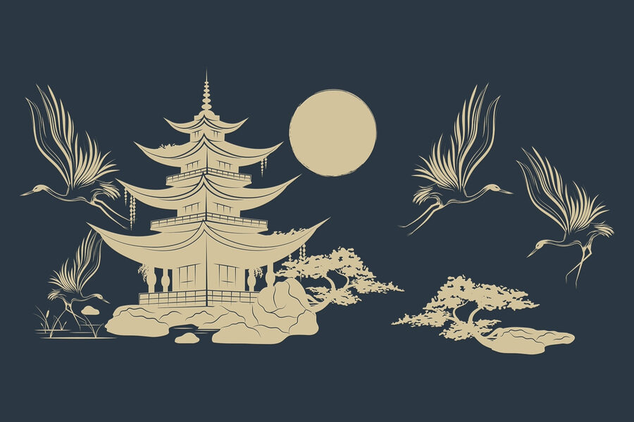 Pagoda és daruk rajza
