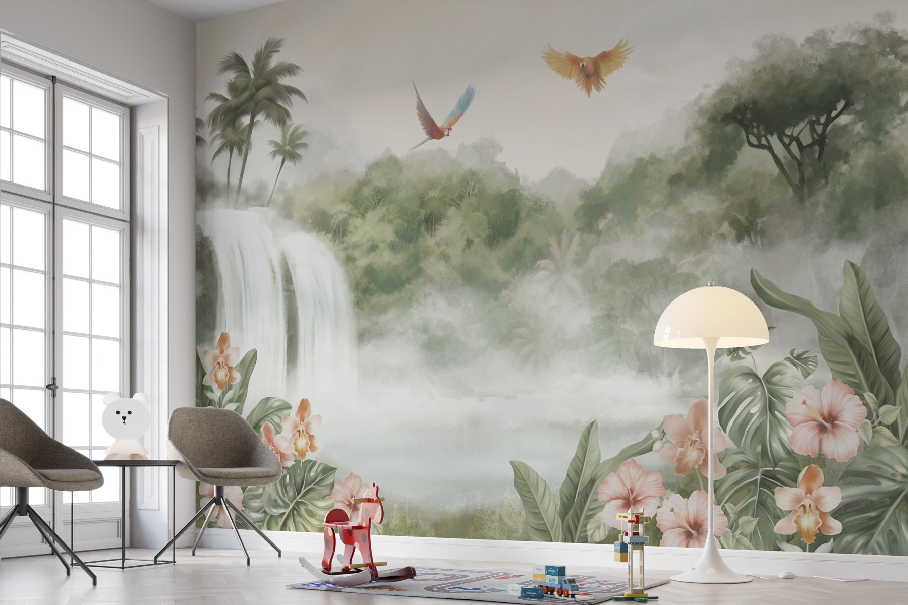 Waterfall with birds flying over it Waterfall with birds flying over it