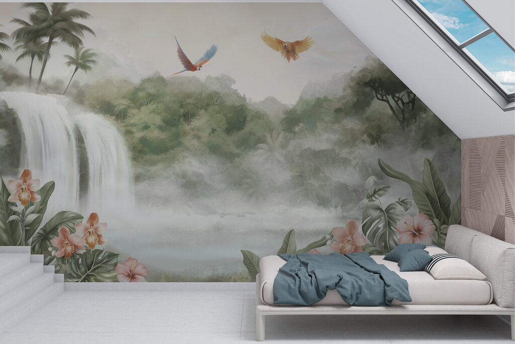 Waterfall with birds flying over it
