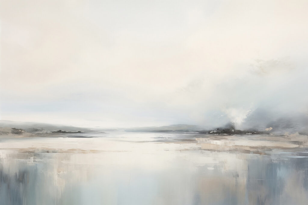Painting of a landscape with a body of water and fog Painting of a landscape with a body of water and fog