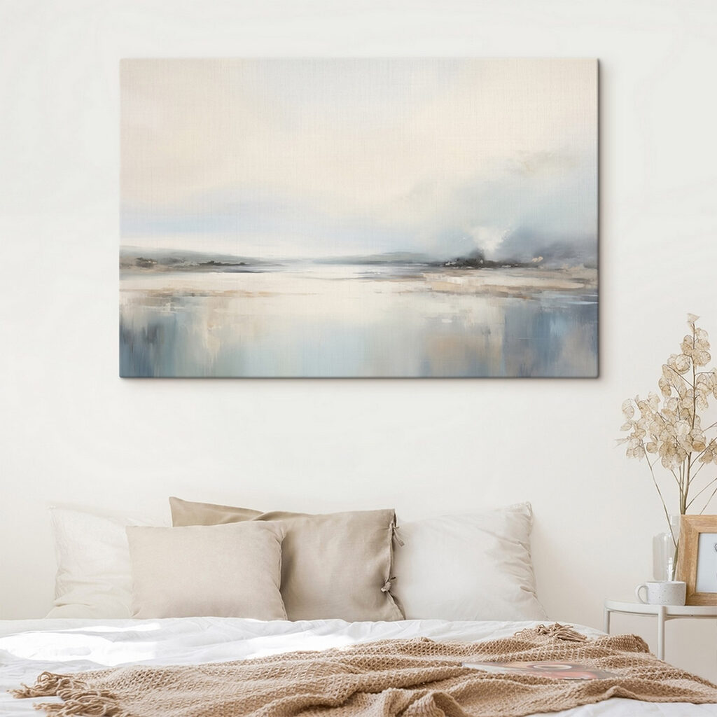 Painting of a landscape with a body of water and fog Painting of a landscape with a body of water and fog