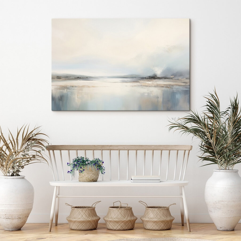 Painting of a landscape with a body of water and fog Painting of a landscape with a body of water and fog