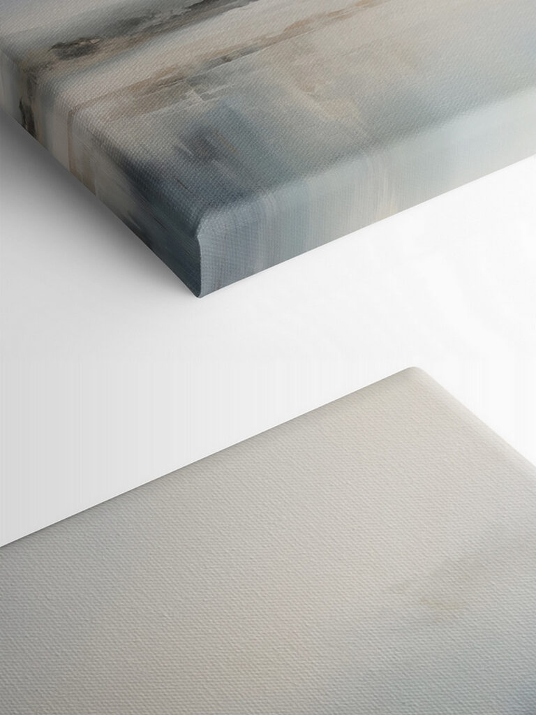 Painting of a landscape with a body of water and fog Painting of a landscape with a body of water and fog