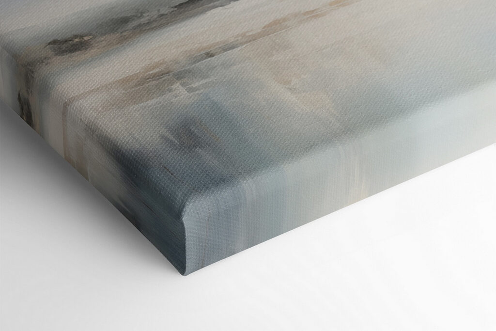 Painting of a landscape with a body of water and fog Painting of a landscape with a body of water and fog