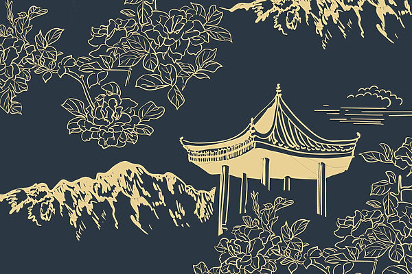 Pagoda és hegyek virágokkal Pagoda és hegyek virágokkal
