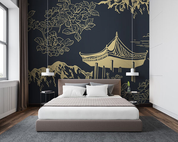 Pagoda és hegyek virágokkal Pagoda és hegyek virágokkal