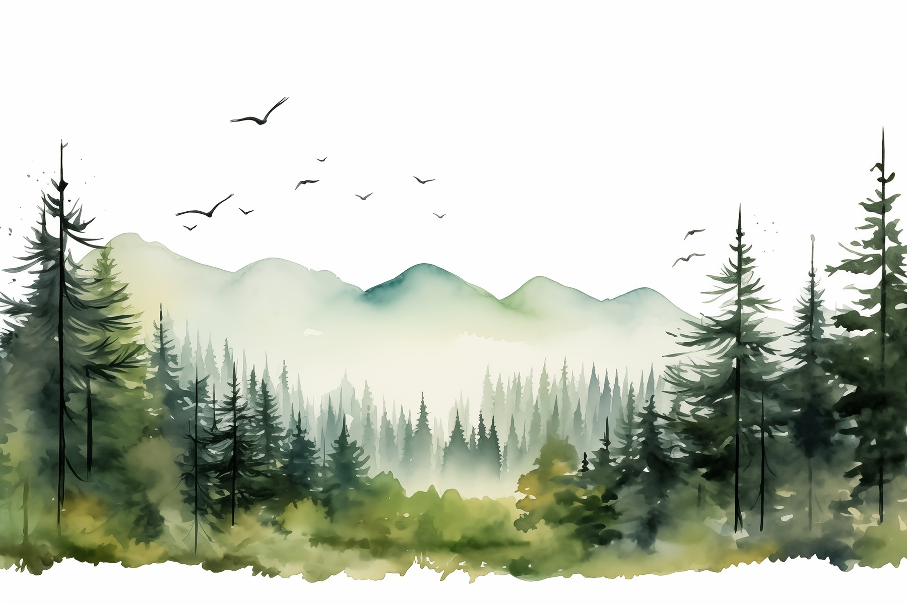 Watercolor of a forest and mountains