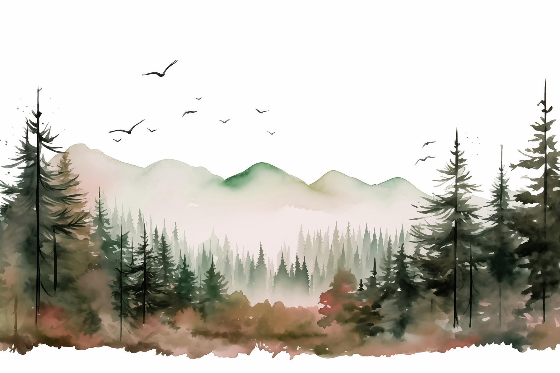 Watercolor painting of a forest and mountains