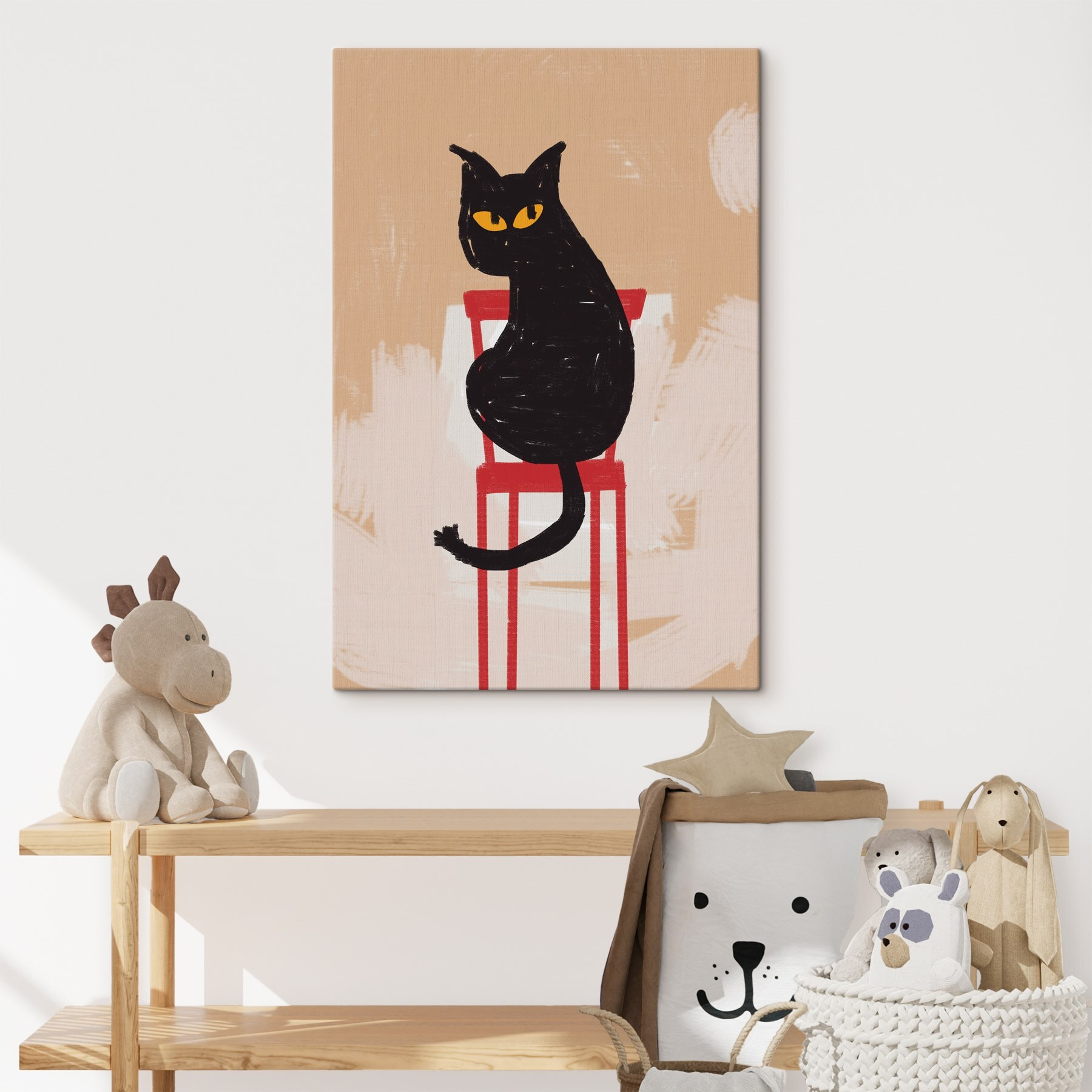 Black cat sitting on a red chair