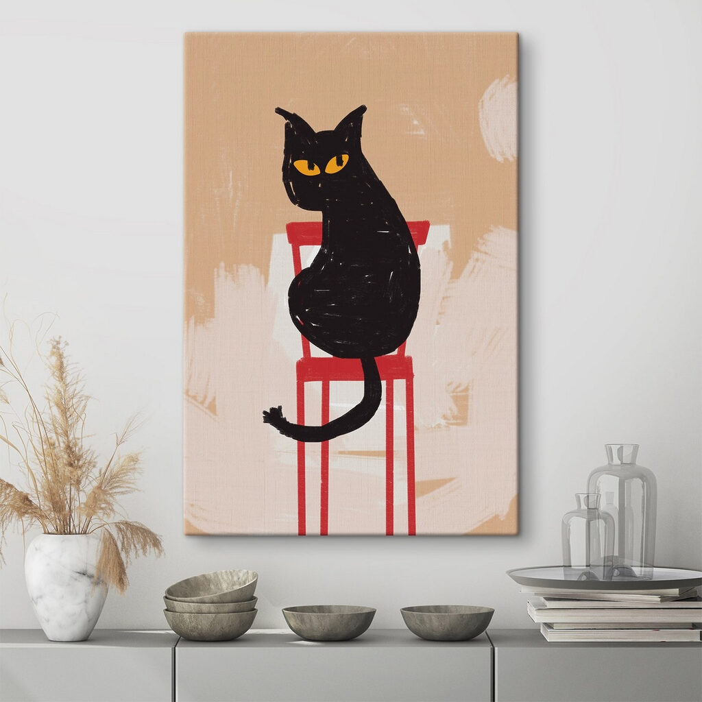 Black cat sitting on a red chair
