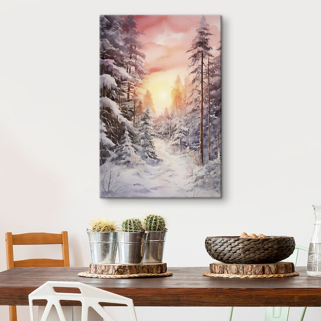 Watercolor painting of a snowy forest