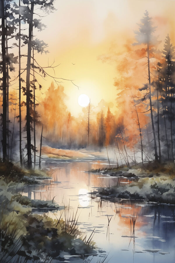 Watercolor painting of a river with trees and plants Watercolor painting of a river with trees and plants