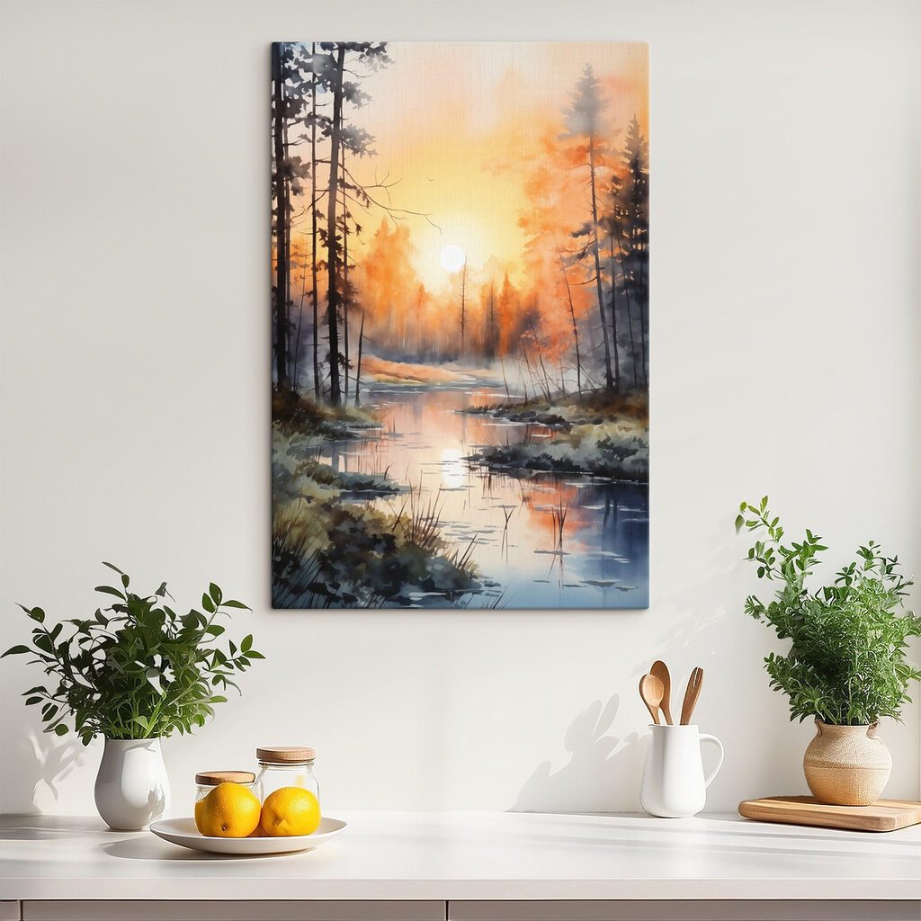 Watercolor painting of a river with trees and plants Watercolor painting of a river with trees and plants