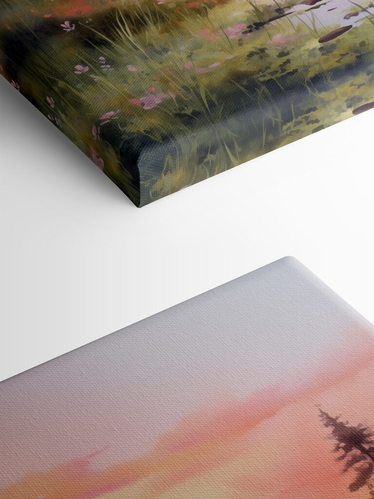 Watercolor painting of a lake with trees and grass