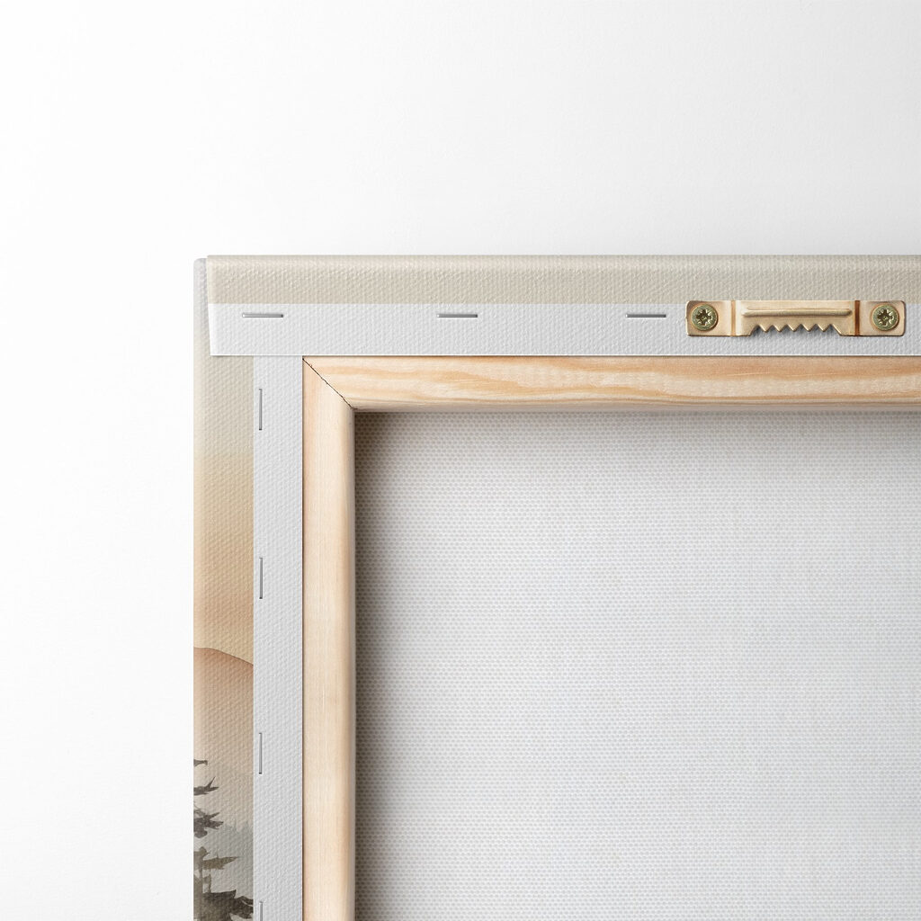 Watercolor painting of a forest and mountains