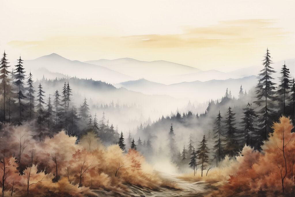 Landscape of a forest with fog