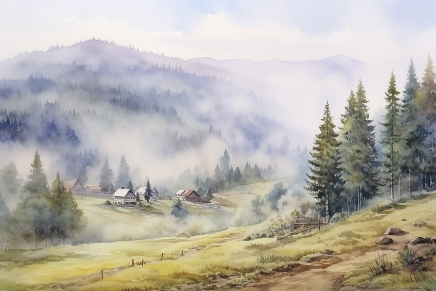 Akvarell festmény egy faluról a hegyekben
