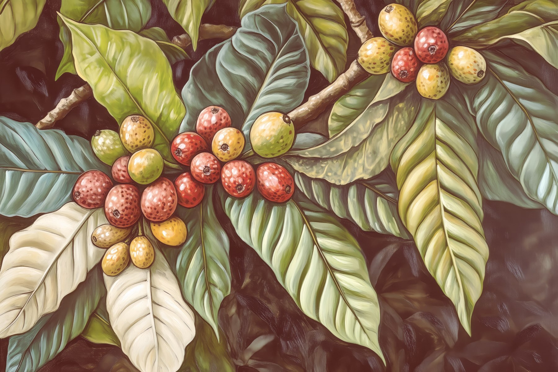 Lush leaves with vibrant fruit clusters Lush leaves with vibrant fruit clusters