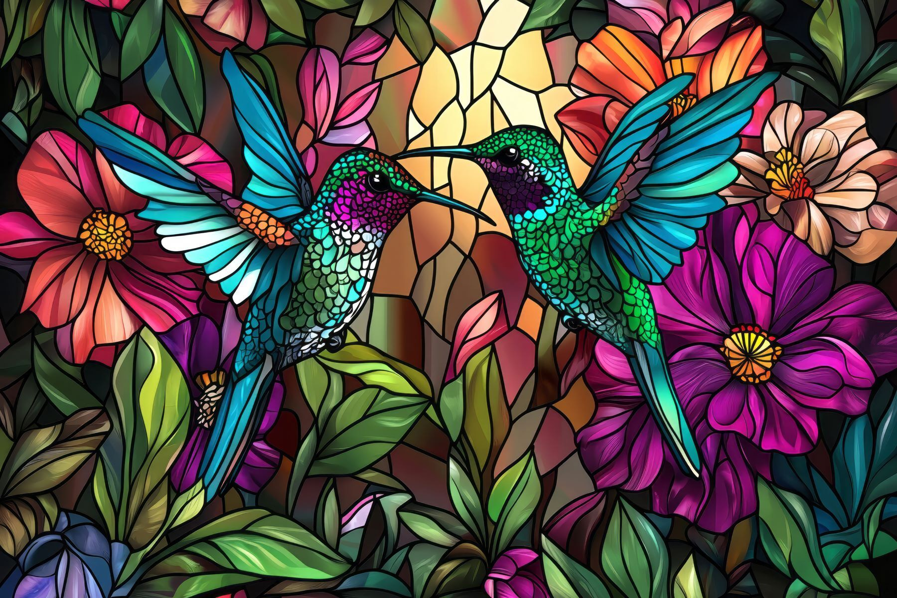 Stained glass window with colorful birds