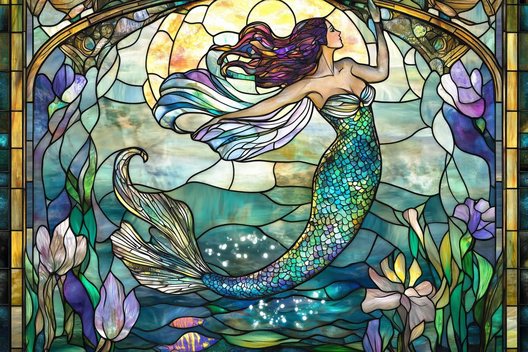 Stained glass window with a mermaid