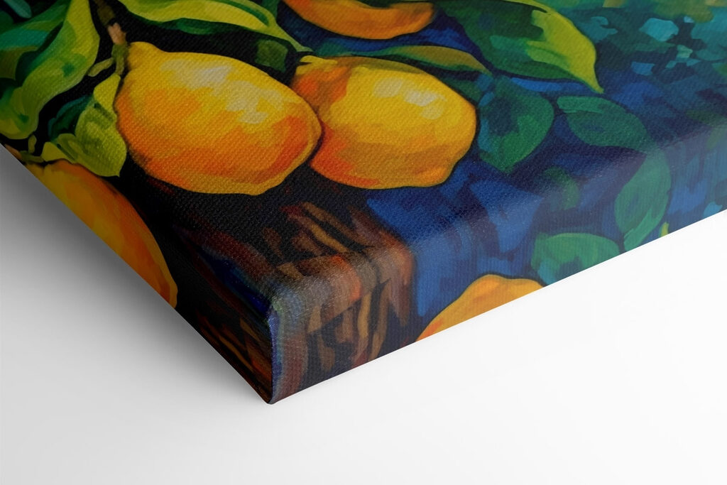 Painting of a lemon tree with a city in the background