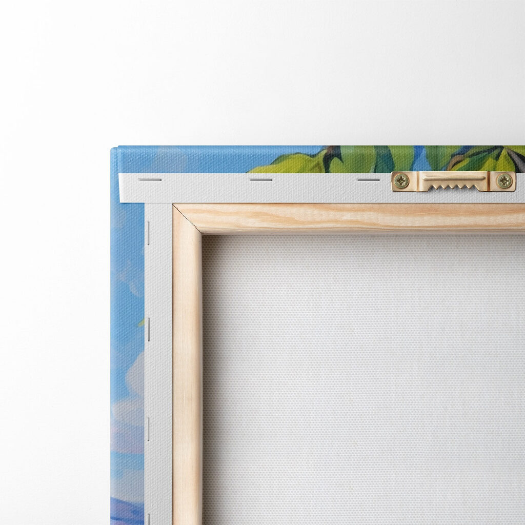 Painting of a lemon tree with a city in the background