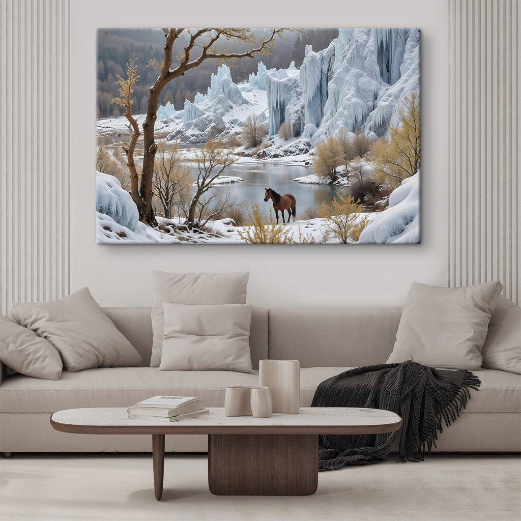 Horse standing in the snow next to a body of water Horse standing in the snow next to a body of water