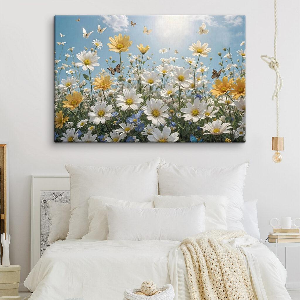 Group of butterflies flying over a field of flowers