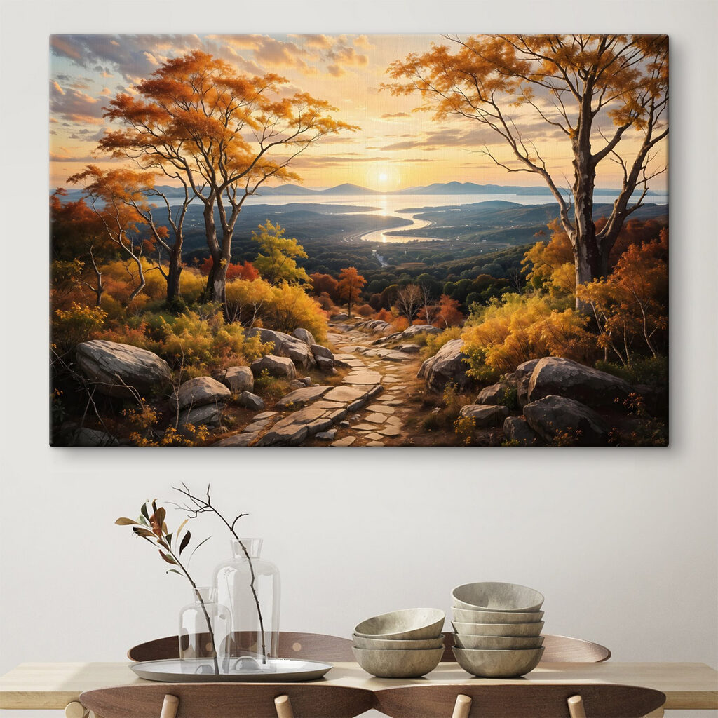 Path through a valley with trees and a river