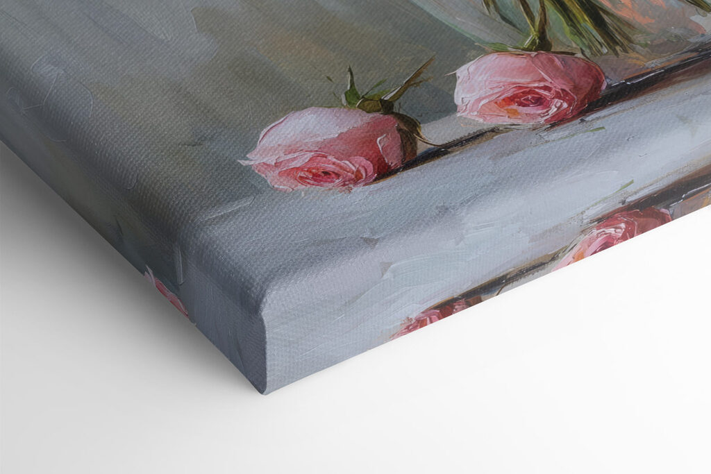 Painting of pink roses in a vase