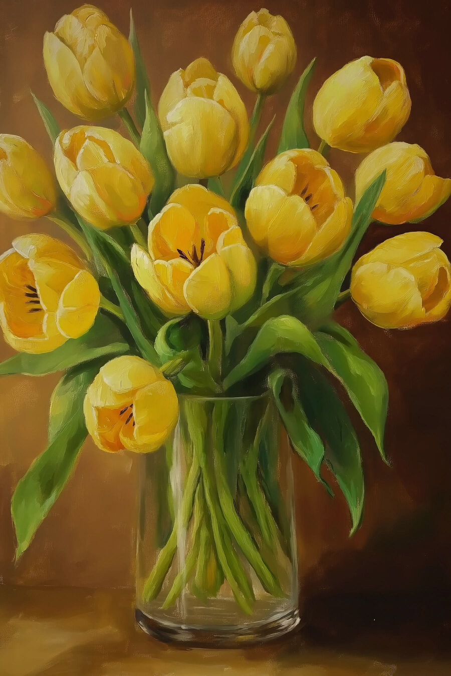 Sárga tulipánok festménye üvegvázában