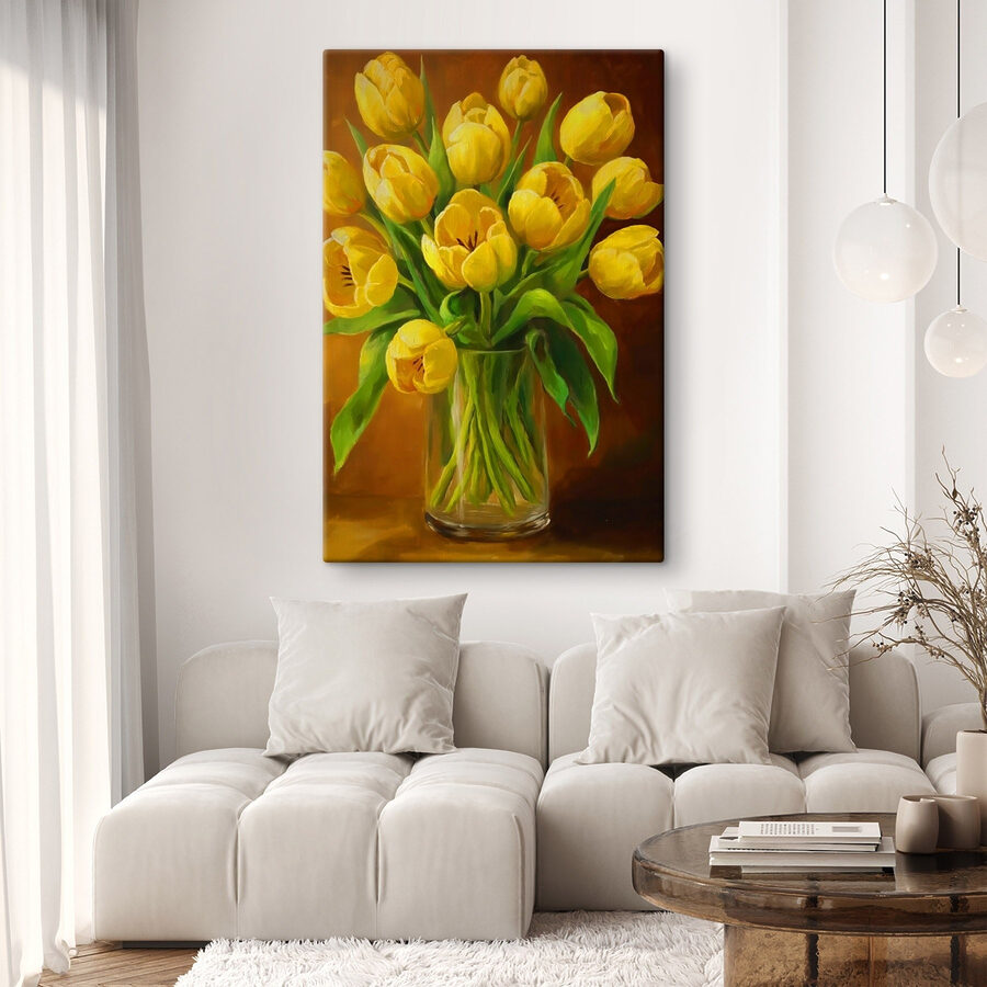 Sárga tulipánok festménye üvegvázában