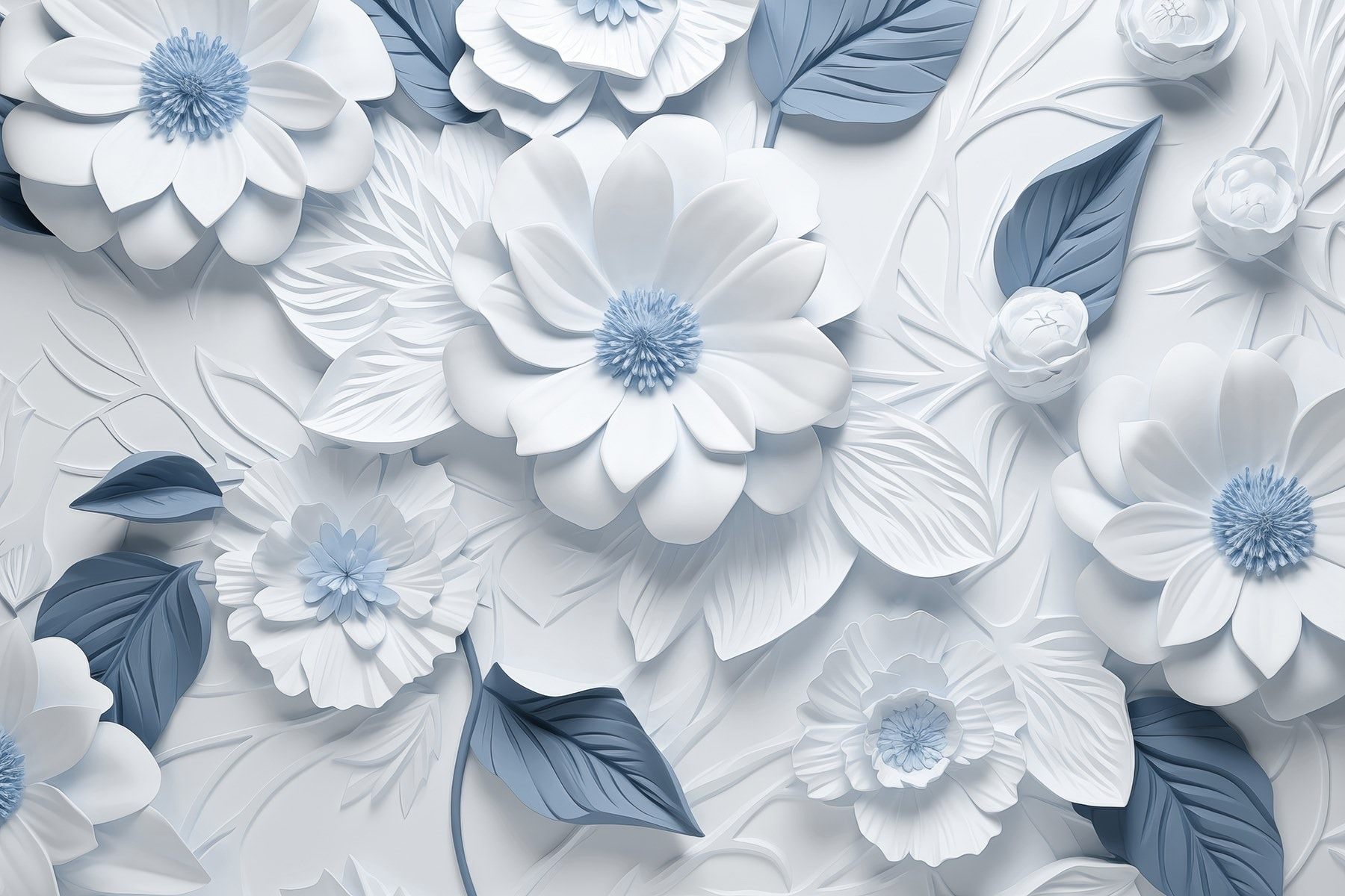 White and blue flowers and leaves