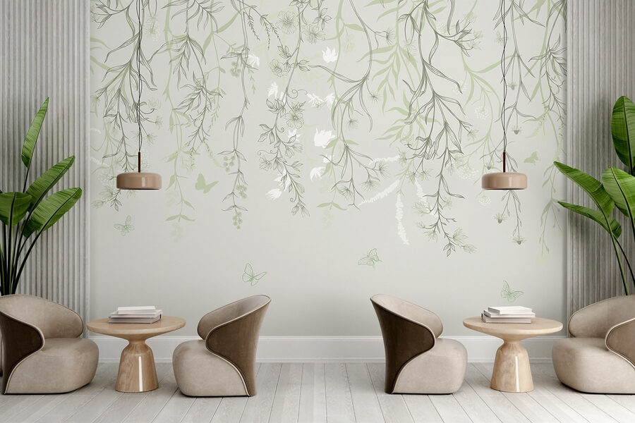 Serene botanical illustration with butterflies Serene botanical illustration with butterflies