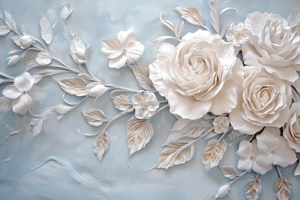 White flowers and leaves on a blue surface