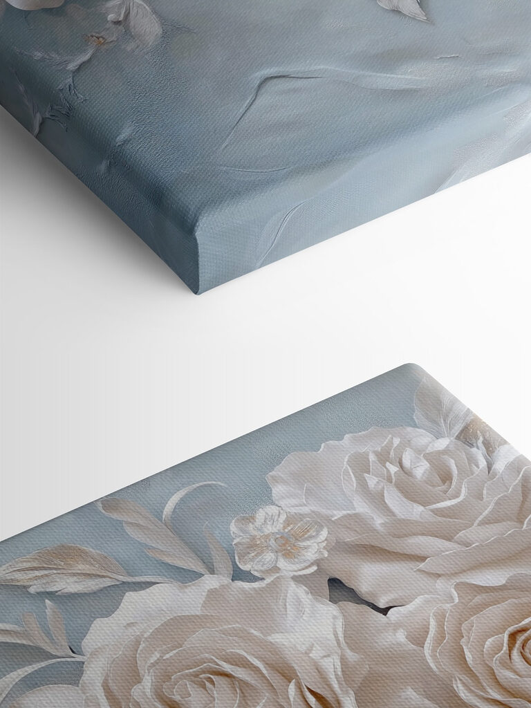 White flowers and leaves on a blue surface