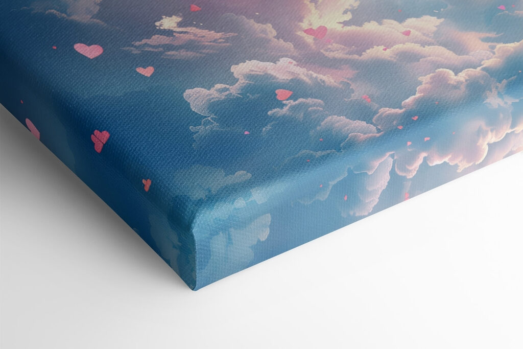 Blue sky with clouds and pink hearts