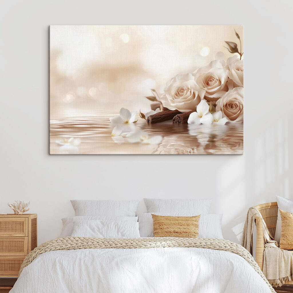 Group of white roses and cinnamon sticks in water