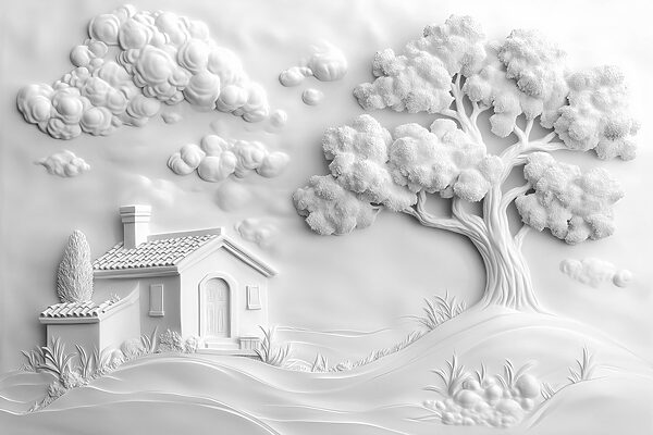 White wall art with a house and tree