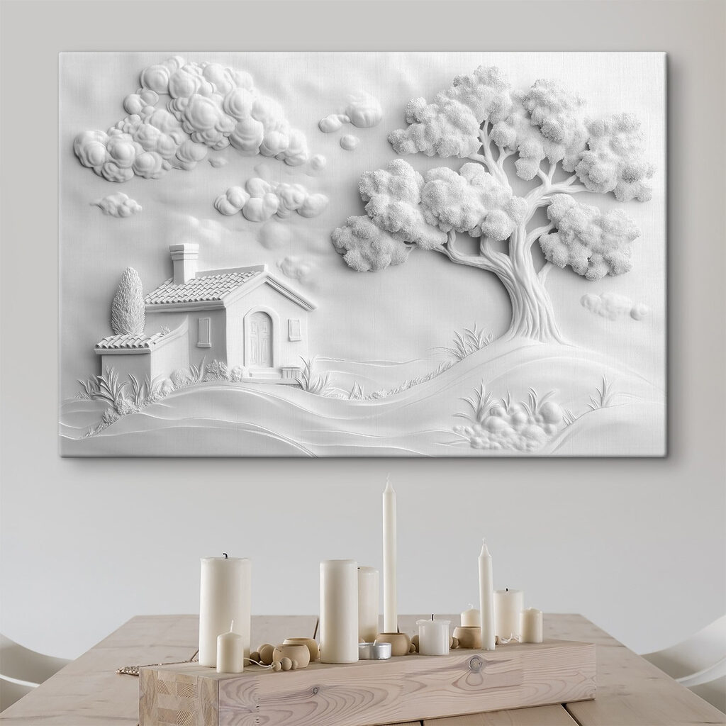 White wall art with a house and tree