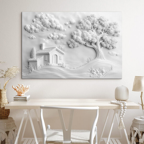 White wall art with a house and tree