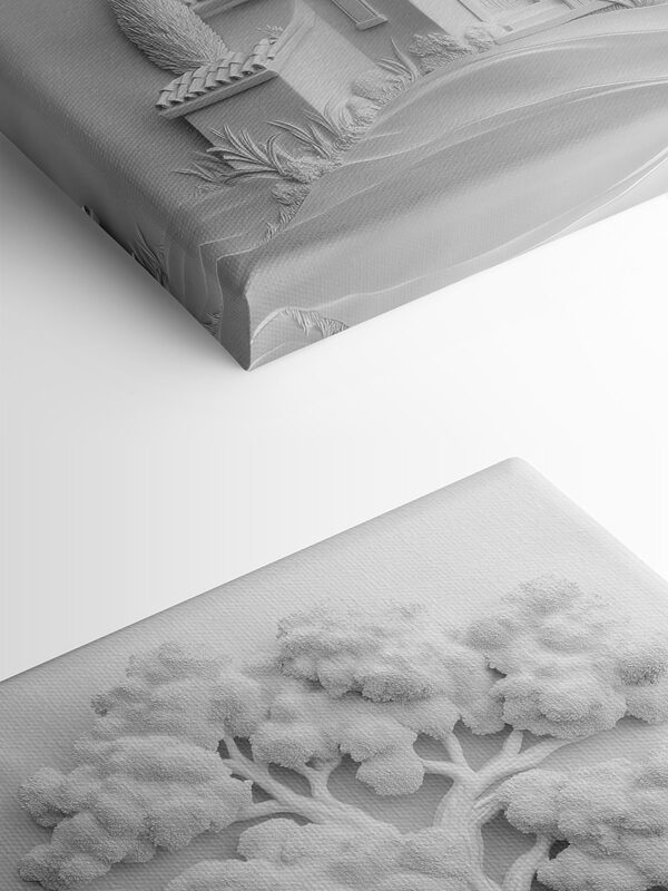 White wall art with a house and tree