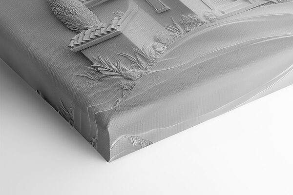 White wall art with a house and tree