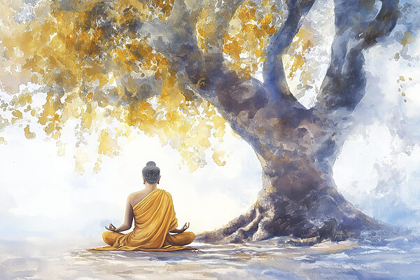 Egy fa alatt meditáló személy festménye Egy fa alatt meditáló személy festménye