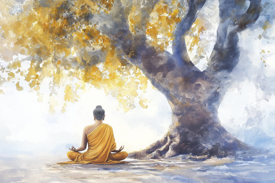 Egy fa alatt meditáló személy festménye
