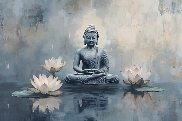 Egy lótuszülésben ülő Buddha szobra vízzel körülvéve Egy lótuszülésben ülő Buddha szobra vízzel körülvéve