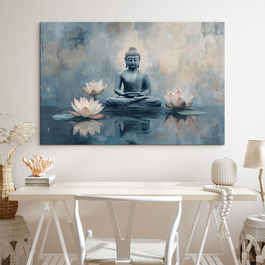 Egy lótuszülésben ülő Buddha szobra vízzel körülvéve
