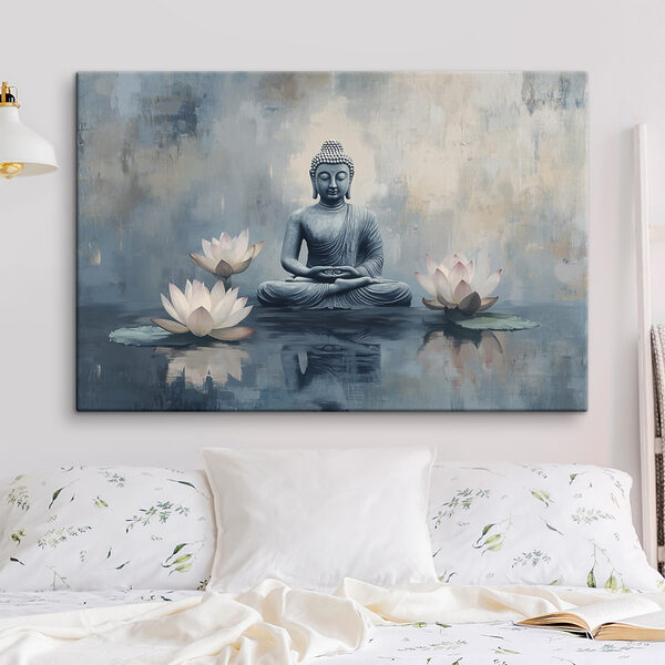 Egy lótuszülésben ülő Buddha szobra vízzel körülvéve Egy lótuszülésben ülő Buddha szobra vízzel körülvéve