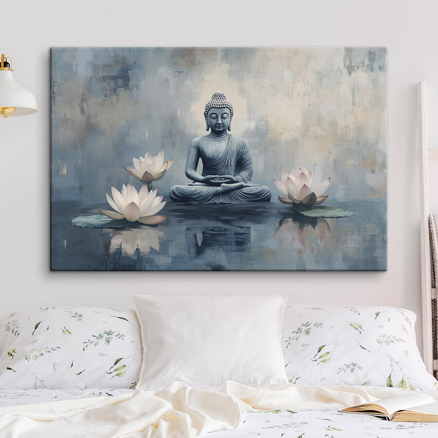 Egy lótuszülésben ülő Buddha szobra vízzel körülvéve